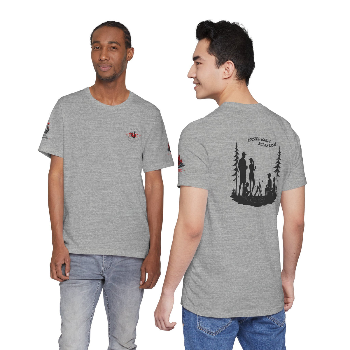 Camping Crew Graphic Tee — "Roosted Happy, Relax Easy" Outdoor Family T-Shirt