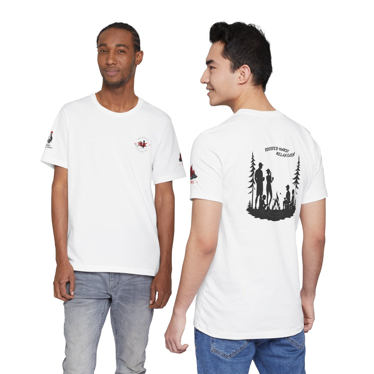 Camping Crew Graphic Tee — "Roosted Happy, Relax Easy" Outdoor Family T-Shirt