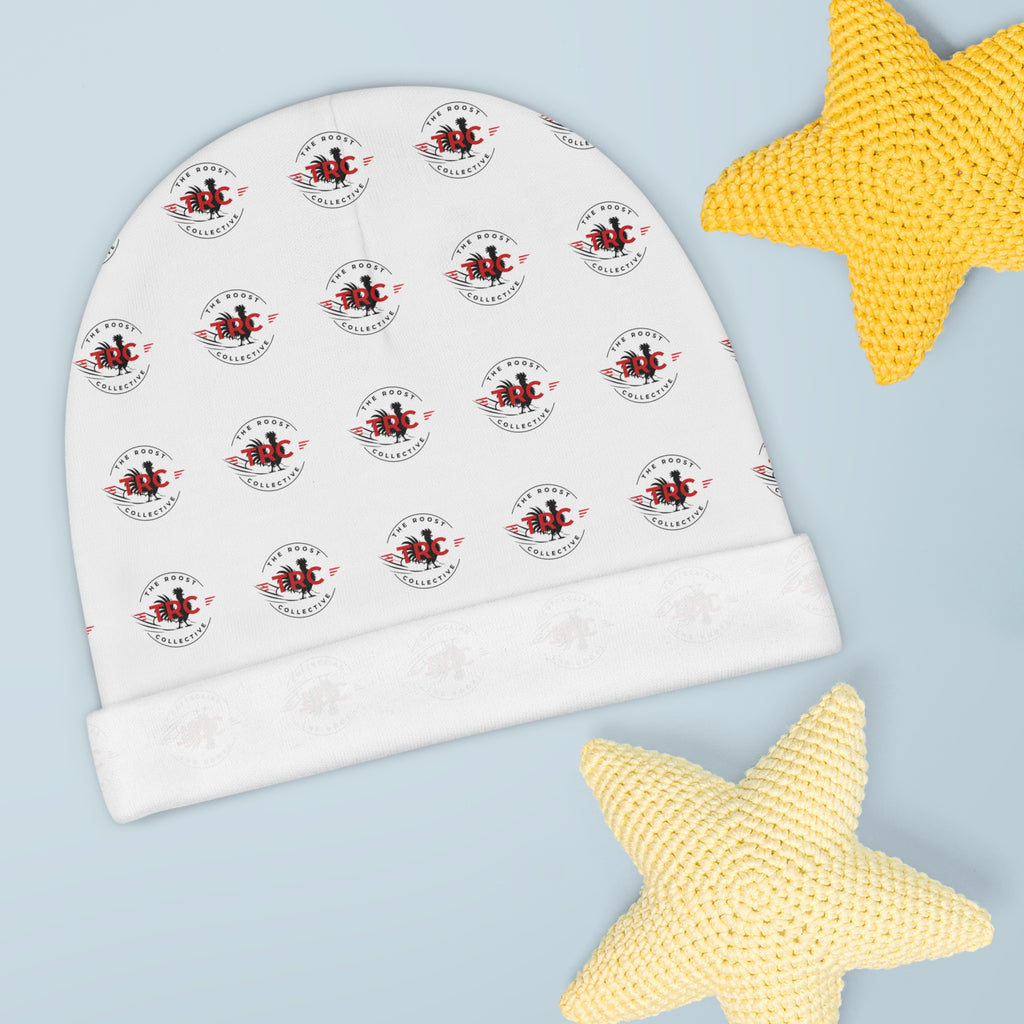 Baby Beanie — All-Over Print Red & Black Crest Pattern Newborn Hat