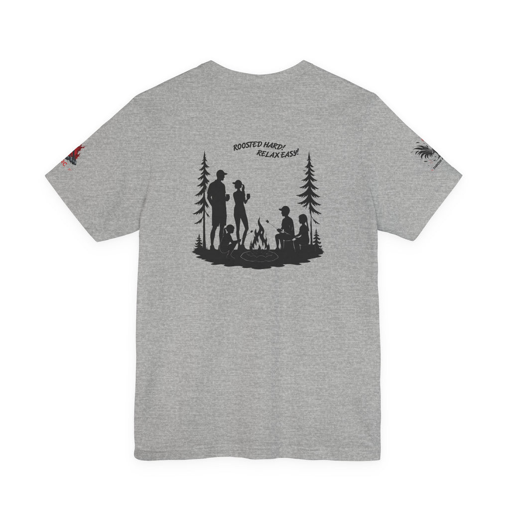 Camping Crew Graphic Tee — "Roosted Happy, Relax Easy" Outdoor Family T-Shirt