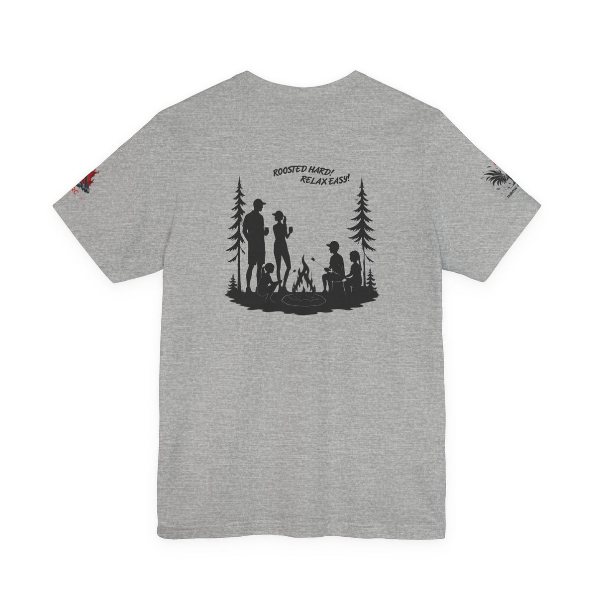 Camping Crew Graphic Tee — "Roosted Happy, Relax Easy" Outdoor Family T-Shirt