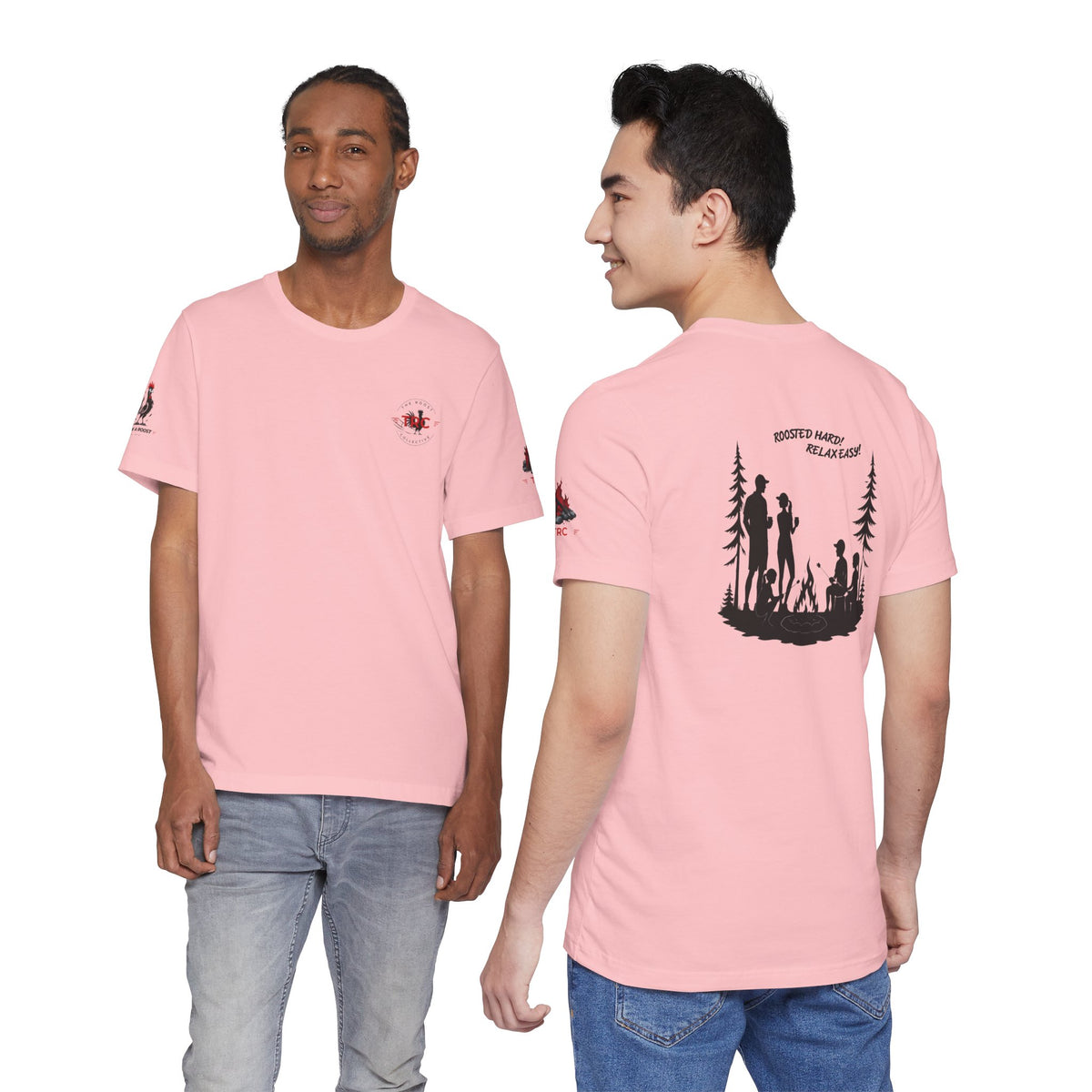 Camping Crew Graphic Tee — "Roosted Happy, Relax Easy" Outdoor Family T-Shirt
