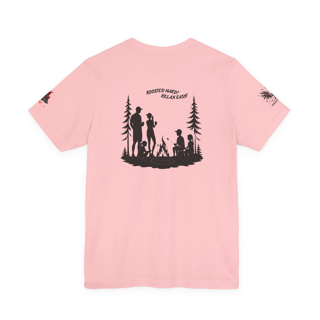 Camping Crew Graphic Tee — "Roosted Happy, Relax Easy" Outdoor Family T-Shirt