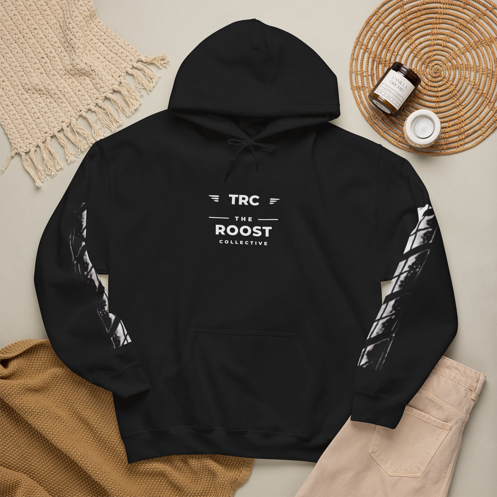 Roost Collective 'Mud Roost Crew' Graphic Hoodie — Black Pullover with Sleeve Art