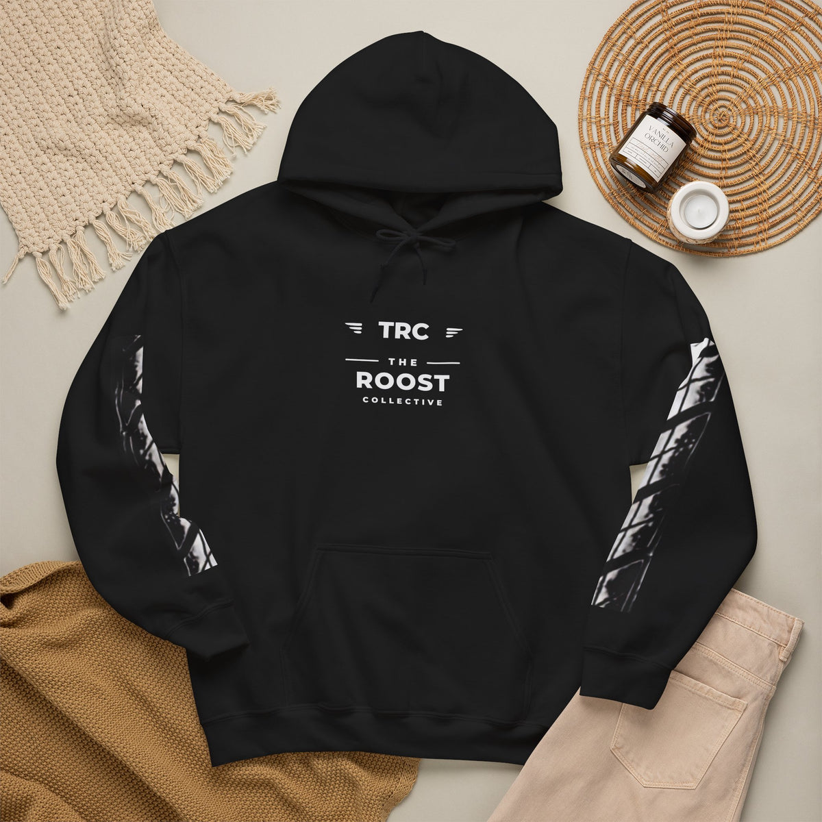Roost Collective 'Mud Roost Crew' Graphic Hoodie — Black Pullover with Sleeve Art